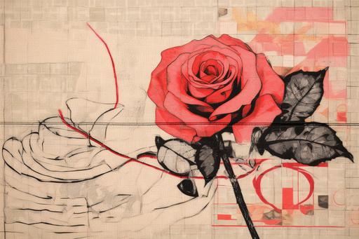 Abstract tapestry. One half of the page is dominated by a large, red scribble, symbolizing uncontrolled anger. The other half shows a single, meticulously drawn rose with a soft pink hue, representing love. The stark contrast and simplicity of the illustration effectively capture the conflicting emotions. --ar 3:2 --q 0.5 --v 5.1