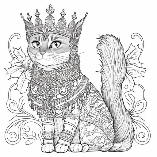 Abys cat dressed like the queen of Palmyra with elaborate jewelry and ornaments. It has a tall crown with feathers and gems. Brave pose. Drawing style: thick, defined lines. Graphic design for adult coloring book, black and white design, easy to coloring page