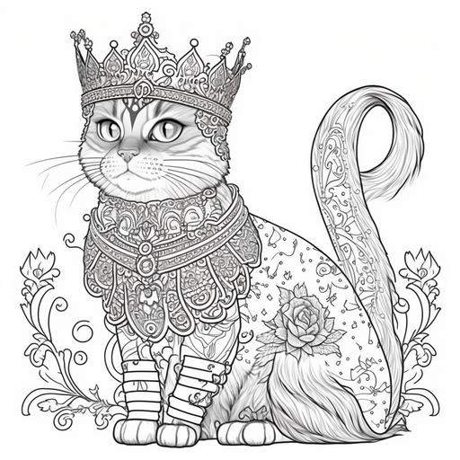 Abys cat dressed like the queen of Palmyra with elaborate jewelry and ornaments. It has a tall crown with feathers and gems. Brave pose. Drawing style: thick, defined lines. Graphic design for adult coloring book, black and white design, easy to coloring page
