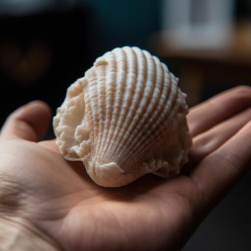 hand holding a 3d printed seashell --s 750 --v 5