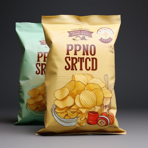 According to the style of the picture, the potato chip packaging bag has a clean background and is 3D realistic --s 750