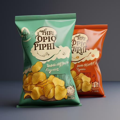 According to the style of the picture, the potato chip packaging bag has a clean background and is 3D realistic --s 750