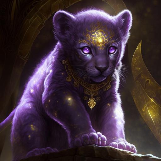 A panther cub with light purple fur, golden iris, yugioh desing high angle