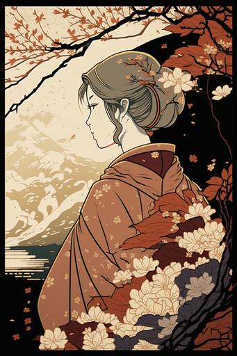 ukiyo-e style, wide angle shot full body image of a young woman::3 in red komono looking at a mountain::2 in the distance thin beige colored picture frame:: 3 ornate inlaid detail::2 rounded corners::2 --ar 2:3 --s 500 --v 4