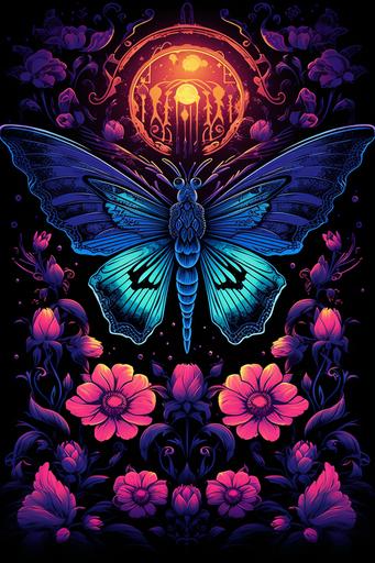 Acherontia-god, glow-in-the-dark blacklight poster with bloom by android jones; dmt, ayahuasca, lsd, mdma --ar 2:3