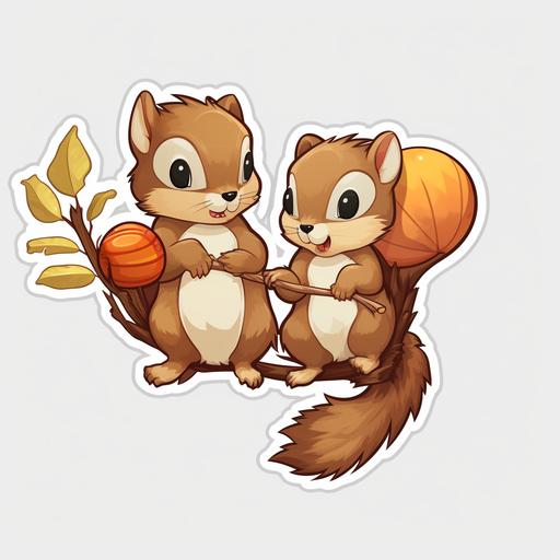 Acrobatic squirrels balancing on tree branches while holding tiny acorns, cartoon style, transparent background, shown as a sticker, 4k