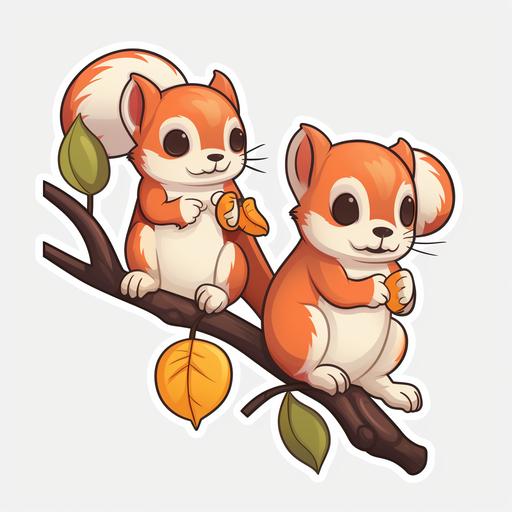 Acrobatic squirrels balancing on tree branches while holding tiny acorns, cartoon style, transparent background, shown as a sticker, 4k