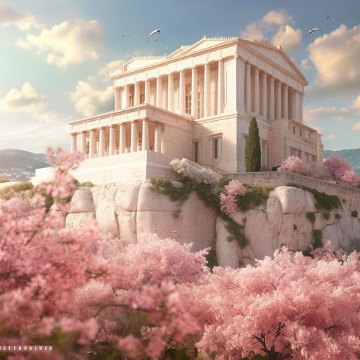 Acropolis building, soft day light, clean background, center the composition, huge amount of blush rose bushes and white flowers wrapping the walls of Acropolis, covering the building and the slopes, ultra realistic, photo realistic image, High Detail, 8K