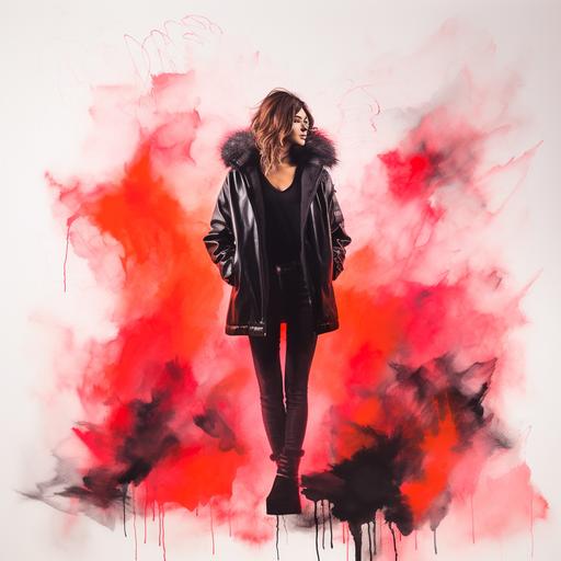 Acryl, a young beautiful woman, black fur coat, full body, neon red, the background is made of neon red watercolour water colours on a white background. In the middle of the picture there are stains formed by this watercolor that go over each other in different ways, kind of resembling dissolved smoke. The background doesn't touch the edge of the picture at all and is just in space