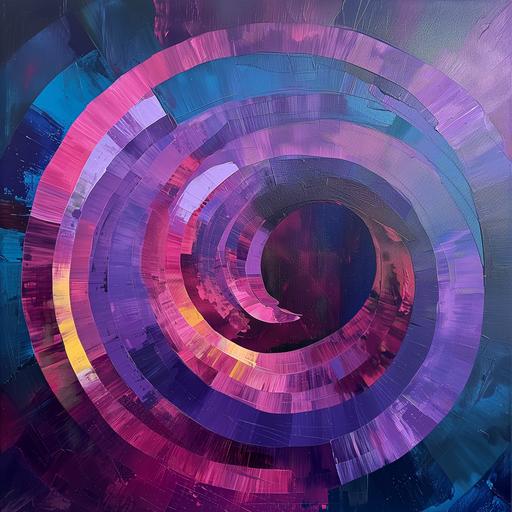 Acrylic painting style, colour purple, dark blue, dark burgundy, dusty pink and soft yellow, stripes, lines, circles, chaos, symbolism style, abstract style --v 6.0