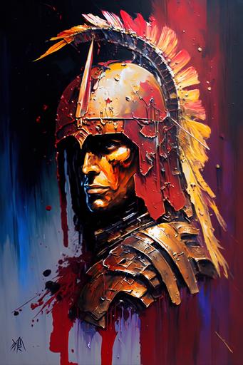 Acrylic painting with dripping and splattering and impasto technique , portrait of an armored heraldic Roman centurion, helmet, resting after defeat in battle, luminous colors, crepuscular light, otherworldly atmosphere, in the style of Guillermo del Toro and Hayao Miyazaki and Nicholas de Stael and Helen Frankenthaler, magical lighting, dreamlike, surrealistic --ar 2:3