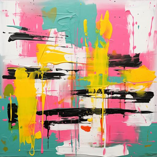 Acrylic, pink, mustard, light green, emerald, dark green, brown, broad brush, spots, stripes, lines, chaos, symbolism style, minimalism style, abstractionism style --s 250