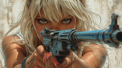 Action movie, Marvel's halftone Doodle Bulgy Tank Vixens holidng an ak 47 by by Hiro Mashima and Jim Lee, iconic, poster, western-eastern hybrid, amazingly detailed cybernetic aesthetic Synth-Anicore --ar 16:9 --c 12 --w 0 --v 6.0 --s 400