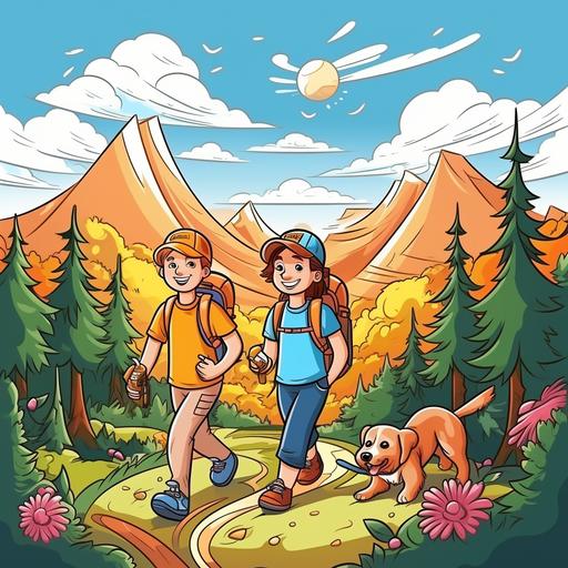 Activity page for boys & girls with dog hiking. cartoon style. thick lines. vivid color.