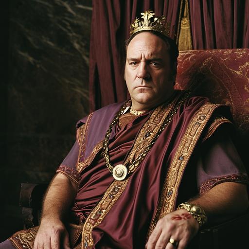 Actor James Gandolfini in 2006 as a Roman Emperor in 80 AD. Sitting on a Roman Imperial red Marble Throne. Roman Imperial Palace and SPQR flag in backdrop. Wearing prestigious toga picta and purple tunica palmata, embroidered with gold. Wearing a Gold Leaf Laurel Wreath on head, Roman golden jewelry, stylish, serious. muscular. 8k, award - winning photography, ultra - photorealistic. Modern, ultra-detailed, Portrait, full body shot, candid. ACTORS: person, CAMERA MODEL: Canon EOS R5, --v 6.0