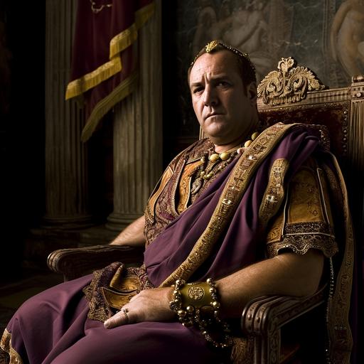 Actor James Gandolfini in 2006 as a Roman Emperor in 80 AD. Sitting on a Roman Imperial red Marble Throne. Roman Imperial Palace and SPQR flag in backdrop. Wearing prestigious toga picta and purple tunica palmata, embroidered with gold. Wearing a Gold Leaf Laurel Wreath on head, Roman golden jewelry, stylish, serious. muscular. 8k, award - winning photography, ultra - photorealistic. Modern, ultra-detailed, Portrait, full body shot, candid. ACTORS: person, CAMERA MODEL: Canon EOS R5, --v 6.0