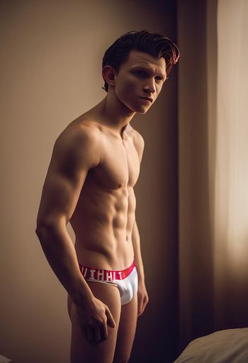 Actor Tom Holland in his underwear taking a hot selfie in his room, dinamic pose, morning lights, 85mm lens, volumetric lighting, ultra detailed and realistic design, octane --testp --ar 9:16 --upbeta