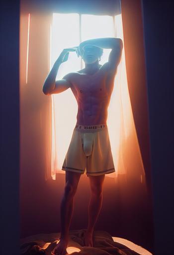 Actor Tom Holland in his underwear taking a hot selfie in his room, morning lights, 85mm lens, volumetric lighting, ultra detailed and realistic design, octane --testp --ar 9:16 --upbeta