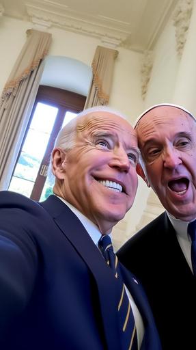 Joe Biden and Pope Francis doing the duck face pose, selfie together, and are depicted on rural social media, photo taking, high-definition --s 25 --ar 9:16 --v 5