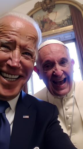 Joe Biden and Pope Francis making ridiculous silly duck face, selfie together, and are depicted on rural social media, photo taking, high-definition --s 25 --ar 9:16 --v 5