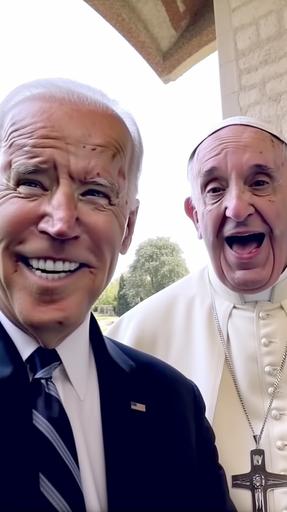 Joe Biden and Pope Francis making ridiculous silly duck face, selfie together, and are depicted on rural social media, photo taking, high-definition --s 25 --ar 9:16 --v 5