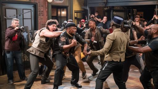a live crew takes a picture of people that are fighting on the jerry springer show, in the style of intense brawl, street fighting movement expression, junglepunk, light brown and dark black, emphasizes emotion over realism, strong sense of realism, cottagecore mixed with steampunk, strong emotional impact --ar 16:9 --v 5 --s 45