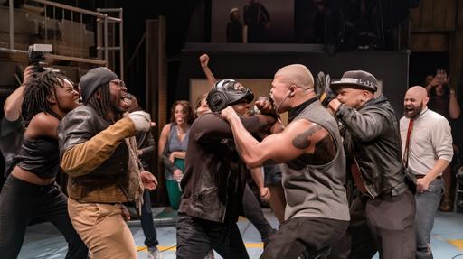 a live crew takes a picture of people that are fighting on the jerry springer show, in the style of intense brawl, street fighting movement expression, junglepunk, light brown and dark black, emphasizes emotion over realism, strong sense of realism, cottagecore mixed with steampunk, strong emotional impact --ar 16:9 --v 5 --s 45