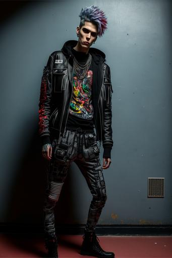 full body portrait of a ranked male punk model wearing a latest filewave streetwear, y2k, gucci, bape, fashion photography, high fashion, NYFW, full body shot, Hasselblad X-PAN camera, 8k, smart blur --ar 2:3 --v 4