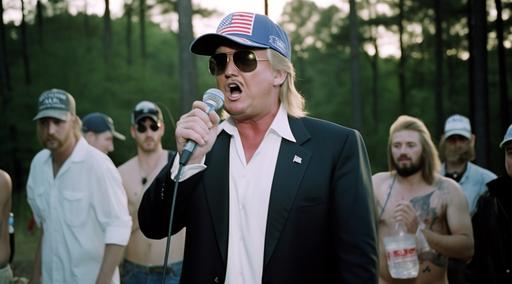 raw candid photo, rural style vintage photo of donald trump in paradise, presenting Kid Rock with the annual BUD-LIGHT shoot off, as the rural crowd chanting Bawitdaba lyrics, target shooting bud light cans, expolsive beer, wild rurals gone wrong!!!! rural alabama bloopers, do not attempt this at home, shot in the style of latenight tv shows, studio portrait, photographic weavings, barbizon school, colorized, photorealism --ar 9:5 --v 5 --s 50