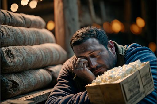 Adam Sandler sleeping in a barn, on a sofa, with a crate of fancy soap bars next to him, cinematic composition   intricate detailed,   rim lighting   focus   bokeh, 1X   Unsplash   500px, taken by Canon EOS R5 RF85mm F1.8 MACRO lens 1/100sec ISO100 --ar 3:2