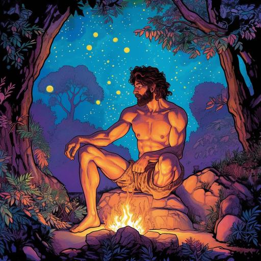 Adam, the first man created by the God in the Garden of the Eden is sitting by the fire. He is tall, has a tan skin, brown eyes, curly brown hair and short brown beared. He is naked as he did not know sin yet He is smiling lokking at the fire pit in front of him. The fire flakes go up to sky creating a beautiful vision