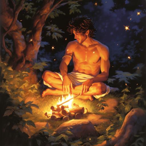 Adam, the first man created by the God in the Garden of the Eden is sitting by the fire. He is tall, has a tan skin, brown eyes, curly brown hair and short brown beared. He is naked as he did not know sin yet He is smiling lokking at the fire pit in front of him. The fire flakes go up to sky creating a beautiful vision