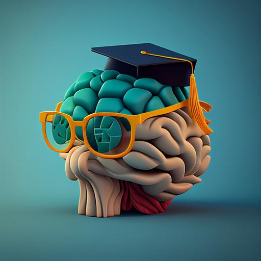 brain with graduation cap and glasses 3D art