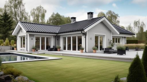 Add a wooden deck around the house and a swimming pool, for this modern light grey family home, single-storey long house, New England style and features, light grey wood panelling exterior, in Sweden. Neat and tidy front Scandinavian garden, a well-built house, high quality, great detailing, tiled roof, a totally all-white and light grey scheme for the exterior, captured during a very sunny day with clear blue sky, 150-megapixel photo, HDR, 32K, Elitist photography of the highest quality, bright clear lighting and warm ambience, taken with a 24-70mm lens, a full-frame camera, with a shallow depth of field, --ar 16:9 --v 5