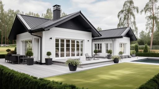 Add a wooden deck around the house and a swimming pool, for this modern light grey family home, single-storey long house, New England style and features, light grey wood panelling exterior, in Sweden. Neat and tidy front Scandinavian garden, a well-built house, high quality, great detailing, tiled roof, a totally all-white and light grey scheme for the exterior, captured during a very sunny day with clear blue sky, 150-megapixel photo, HDR, 32K, Elitist photography of the highest quality, bright clear lighting and warm ambience, taken with a 24-70mm lens, a full-frame camera, with a shallow depth of field, --ar 16:9 --v 5