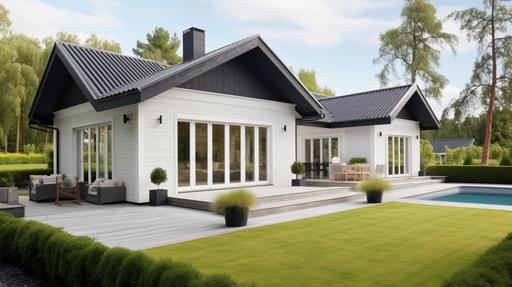 Add a wooden deck around the house and a swimming pool, for this modern light grey family home, single-storey long house, New England style and features, light grey wood panelling exterior, in Sweden. Neat and tidy front Scandinavian garden, a well-built house, high quality, great detailing, tiled roof, a totally all-white and light grey scheme for the exterior, captured during a very sunny day with clear blue sky, 150-megapixel photo, HDR, 32K, Elitist photography of the highest quality, bright clear lighting and warm ambience, taken with a 24-70mm lens, a full-frame camera, with a shallow depth of field, --ar 16:9 --v 5.2
