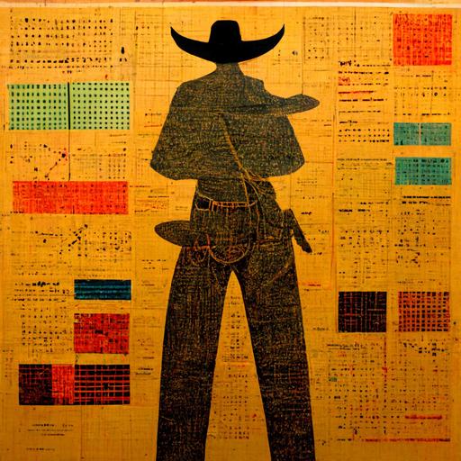 a cowboy with a lasso in front of a detailed grid of mathematical expressions, charts, and numbers