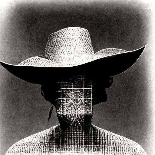 a cowboy with a lasso in front of a detailed grid of mathematical expressions, charts, and numbers