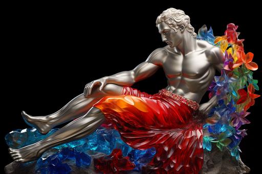 Adonis with chameleon bodywear, floating fabrics, crystal glass and shards of colorful gemstones, life-size statue, view from slightly below, Rene Lalique, :wundervoll-ai:0, --ar 3:2
