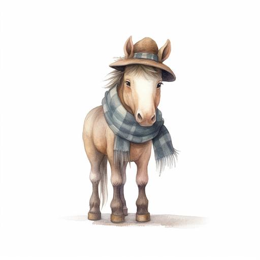 Adorable Horse with Cowboy Hat and Scarf, isolated on a white background, in the style of storybook and nursery artwork by Raymand Briggs and Jon Klassen, muted colors --s 750 --v 5.1