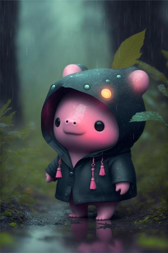 Adorable big eyed vantablack axolotl wearing a luminous glowing pastel pink raincoat and luminous glowing gumboots walking in a lush forest, full character concept, rainbow light, trending on artstation, matte painting, tilt-shift --ar 2:3