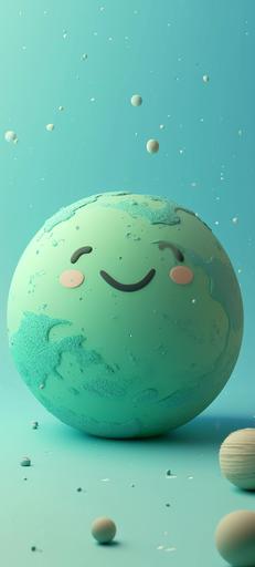 Adorable clay earth (planet) as a cute character, color of planet is green and blue, muted pastels, 3D clay icon, Blender 3d, matte background with subtle gradients, kawaii --v 6.0 --ar 9:20