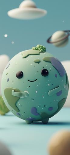 Adorable clay earth (planet) as a cute character, color of planet is green and blue, muted pastels, 3D clay icon, Blender 3d, matte background with subtle gradients, kawaii --v 6.0 --ar 9:20