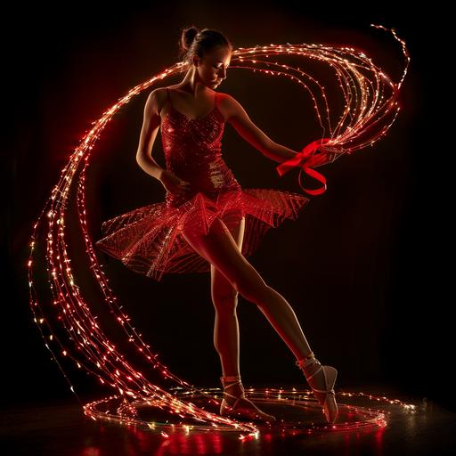 Adorable lady in short gymnastic dress, rhythmic sports gymnastics with long armillary sinusoidal luminogram dance,red ribbon, full body picture, wide ankle view --v 6.0 --s 200 --c 10