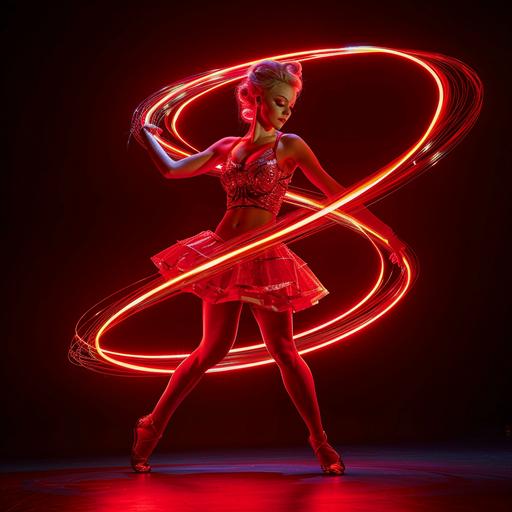 Adorable lady in short gymnastic dress, rhythmic sports gymnastics with long armillary sinusoidal luminogram dance,red ribbon, full body picture, wide ankle view --v 6.0 --s 200 --c 10