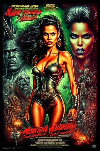 Adriana Lima and Jenny McCarthy mashup, young queen of intergalactic humanlike warewolves, fighting an army of hungry mechanical humanlike vampires, raw, big chest, open chest, leather, Boris Vallejo style, ultra detailed face, illuminated face, high contrast, sharp edges, full body view, slim, wide hips, leather gloves, boots, vintage movie poster, cosmic graveyard theme, planet Dagobah theme, cinematic lighting, depth of field, --ar 2:3 --q 2 --v 4