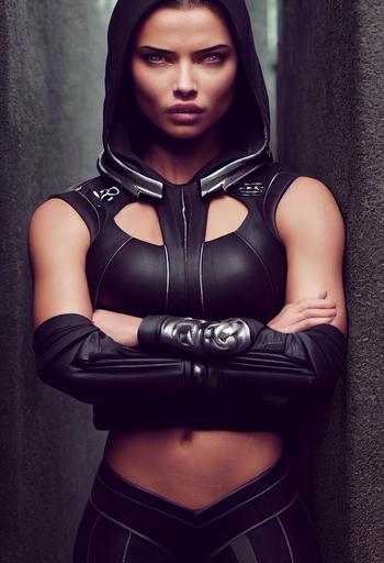 Adriana Lima as Kasumi Goto from Mass Effect, black and gray armor, hood up, small purple rectangle bottom lip to chin tattoo, Full length portrait, enigmatic thief, stealthy, Photorealism, Bokeh blur, ethereal lighting, High detail, Sony Alpha α7 --ar 2:3 --testp --creative --upbeta