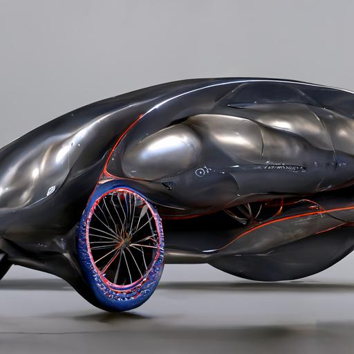 ultra aerodynamic sports vehicle with anatomical drawings, veins and muscles, metal wheels and racing tires octane rendering