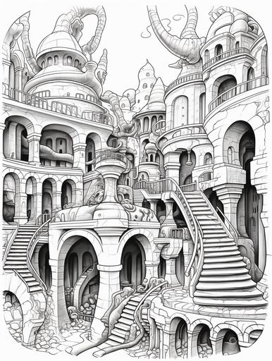 Adult coloring page deep underground dungeon, with a spiralling slope down creating an atrium colum. The underground dungeon filled with fantasy modern brutalist architecture emphasising weath, thick bold lines , white solid background --ar 3:4