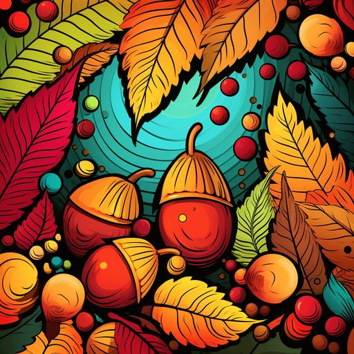 Adult illustration, Autumn fall with leaves and acorns, cartoon style, colorful background, thick lines, low detail, vivid color